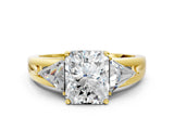 Yellow gold Three-Stone Radiant Cut Cut Diamond Ring with Trillion Side Stones on a Split Shank Band_9