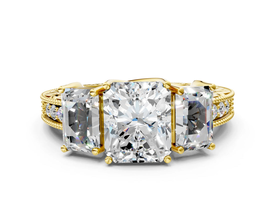 Yellow gold Three-Stone Radiant Cut Cut Milgrain Pavé Engagement Ring_3