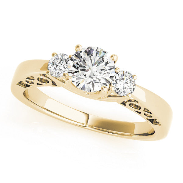 Yellow gold Three-Stone Radiant Cut Diamond Cathedral Engagement Ring with Prong Setting 1