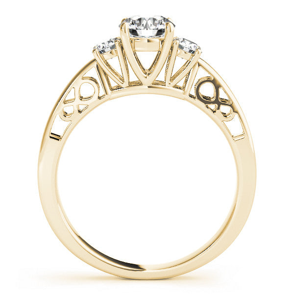 Yellow gold Three-Stone Radiant Cut Diamond Cathedral Engagement Ring with Prong Setting