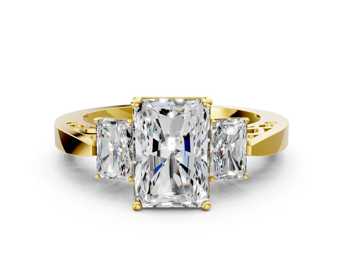 Yellow gold Three-Stone Radiant Cut Diamond Cathedral Engagement Ring with Prong Setting_6