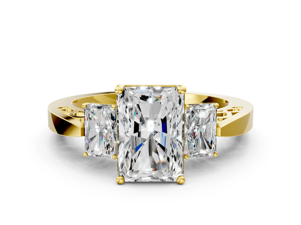 Yellow gold Three-Stone Radiant Cut Diamond Cathedral Engagement Ring with Prong Setting