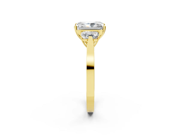 Yellow gold Three-Stone Radiant Cut Diamond Cathedral Engagement Ring with Prong Setting
