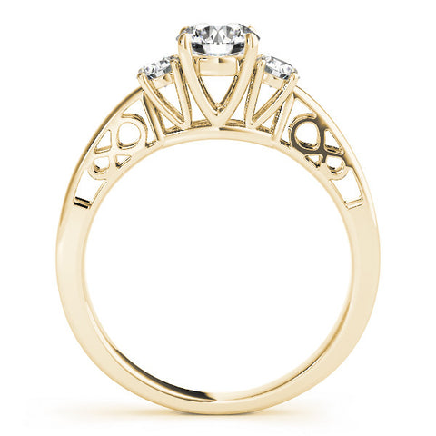Yellow gold Three-Stone Radiant Cut Diamond Cathedral Engagement Ring with Prong Setting