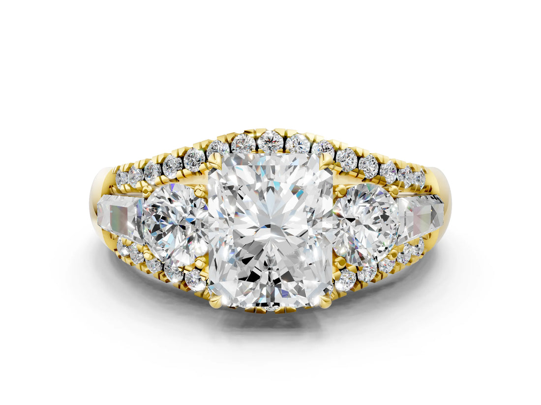 Yellow gold Three-Stone Radiant Cut Diamond Engagement Ring with Pave Band and Prong Setting_2
