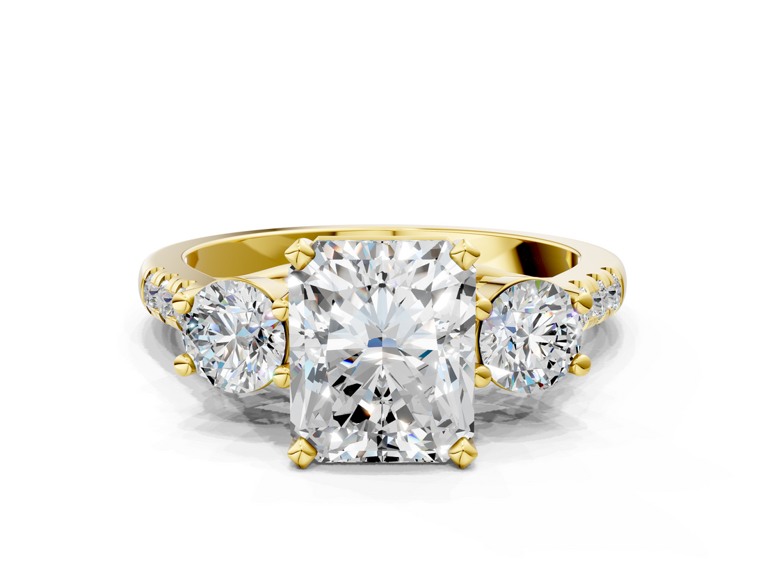 Yellow gold Three-Stone Radiant Cut Diamond Pavé Band with Four-Prong Setting_46