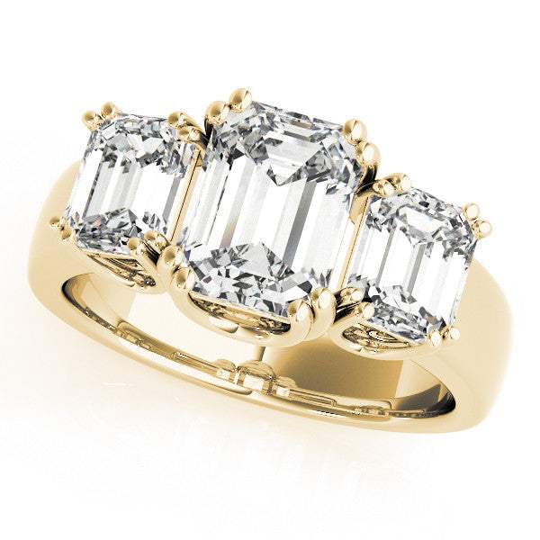 14K Yellow Gold Three-Stone 2.06 Carat D VS1 Emerald Cut Diamond Ring with Channel Set Band and Four-Prong Setting