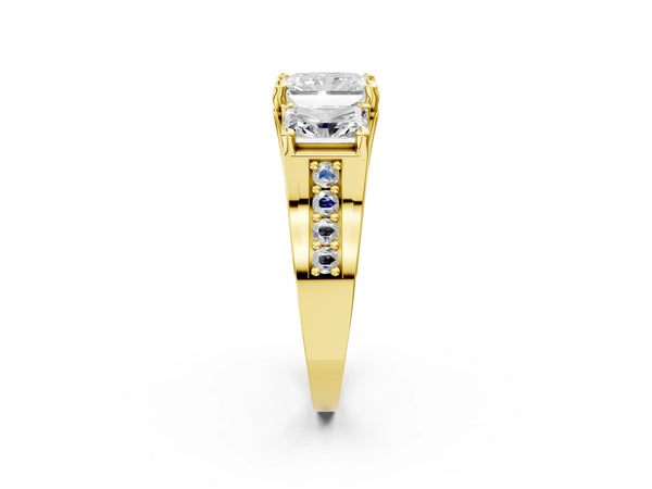 Yellow Gold Radiant Cut Three Stone Pave Engagement Ring Setting with Near-Equal Side Stones