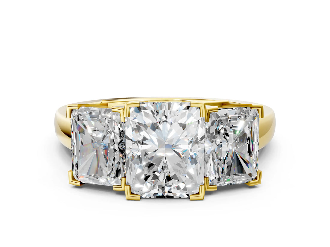 Yellow gold Three-Stone Radiant Cut Diamond Ring with Channel Set Band and Four-Prong Setting_18