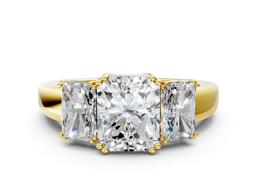 Yellow gold Three-Stone Radiant Cut Diamond Ring with Channel Set Band and Four-Prong Setting