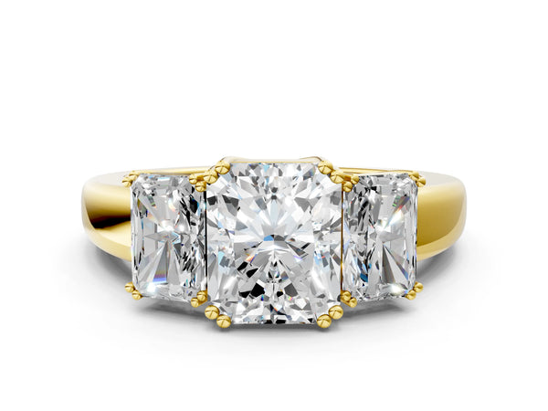 Yellow gold Three-Stone Radiant Cut Diamond Ring with Channel Set Band and Four-Prong Setting