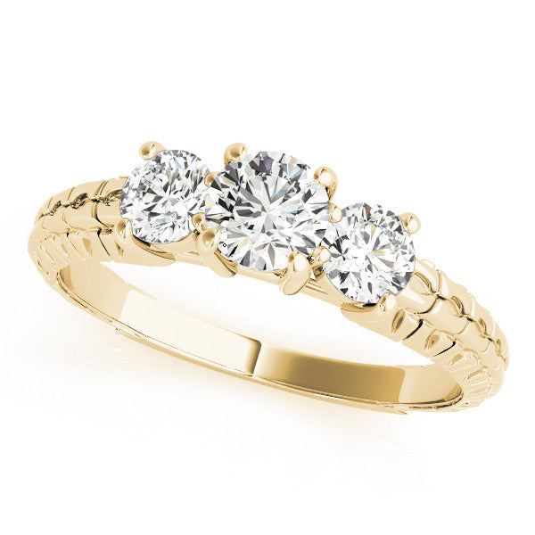 Yellow gold Three-Stone Radiant Cut Diamond Ring with Channel-Set Band and Prong Setting 1