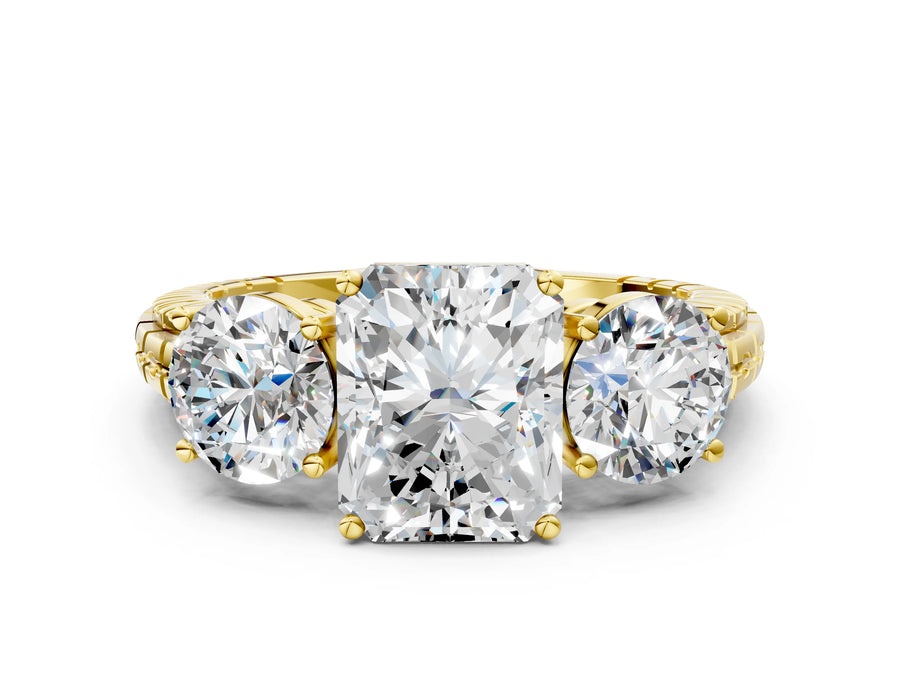 Yellow gold Three-Stone Radiant Cut Diamond Ring with Channel-Set Band and Prong Setting