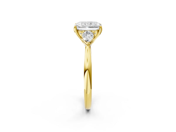 Yellow Gold Radiant Cut Three Stone Engagement Ring Setting with Pear Side Stones and Thin Band