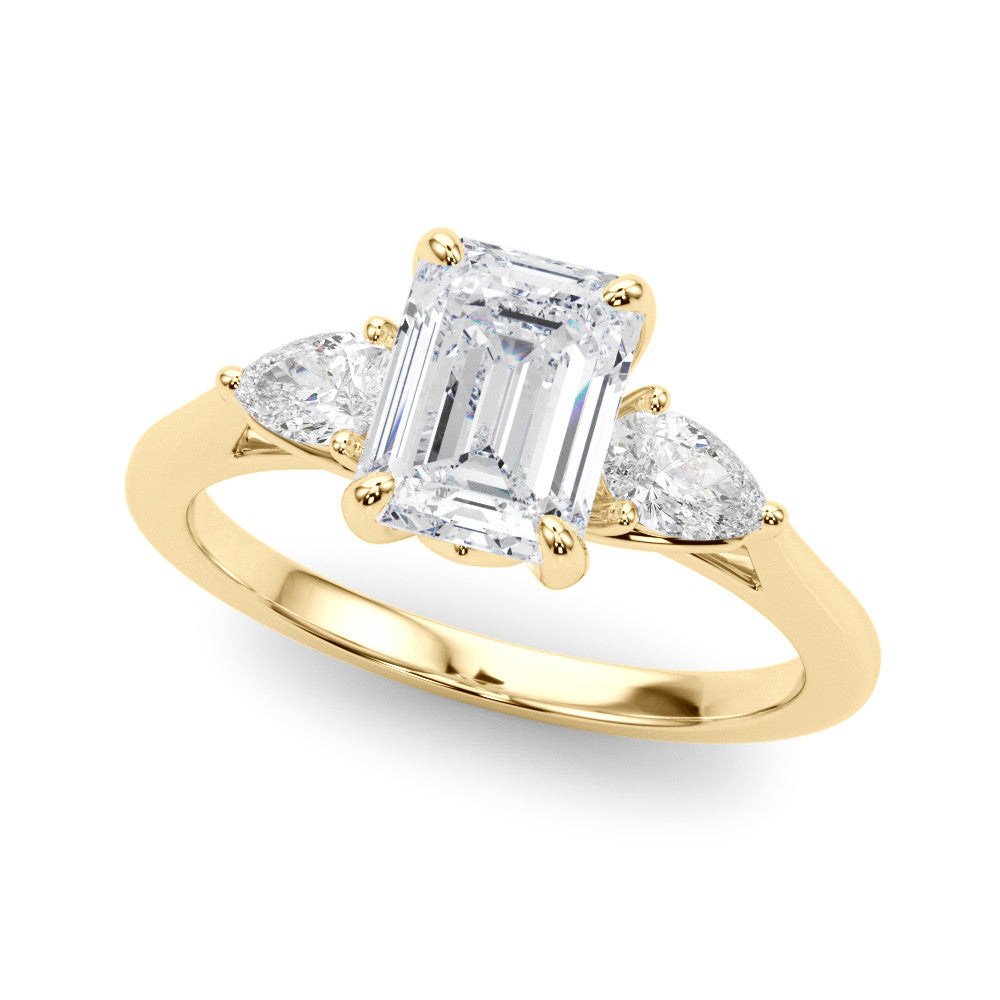Yellow gold Three-Stone Radiant Cut Diamond Ring with Pear Side Stones on a Platinum Band and Four-Prong Setting 1