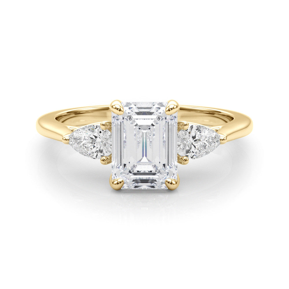 Yellow gold Three-Stone Radiant Cut Diamond Ring with Pear Side Stones on a Platinum Band and Four-Prong Setting 2