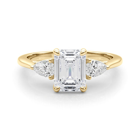 Yellow gold Three-Stone Radiant Cut Diamond Ring with Pear Side Stones on a Platinum Band and Four-Prong Setting 2