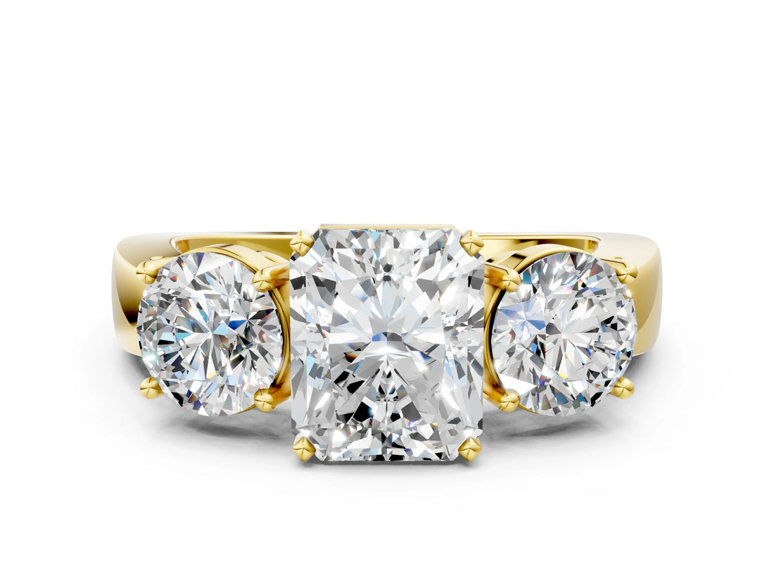 Yellow gold Three-Stone Radiant Cut Diamond Ring with Round Side Stones, Classic Band, and Four-Prong Setting_7