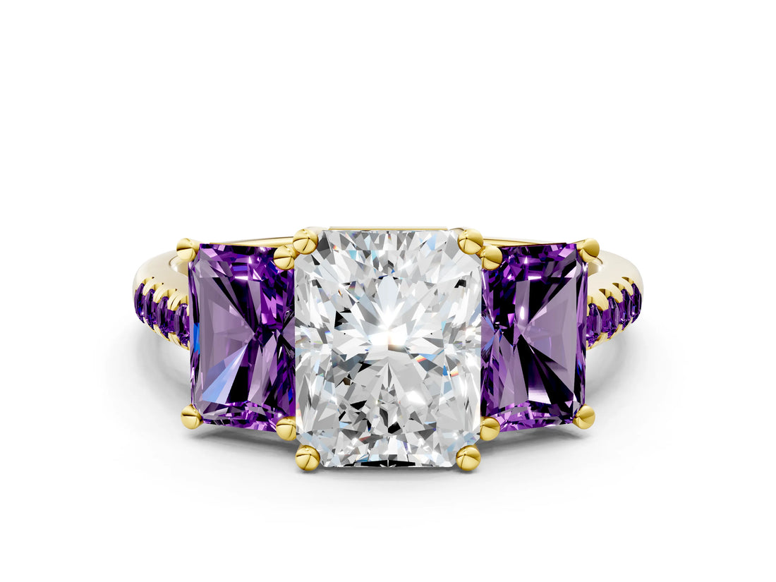 Yellow gold Three-Stone Radiant Cut Diamond Ring with Round with Amethyst side stone Pavé Band and Prong Setting