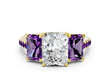 Yellow gold Three-Stone Radiant Cut Diamond Ring with Round with Amethyst side stone Pavé Band and Prong Setting