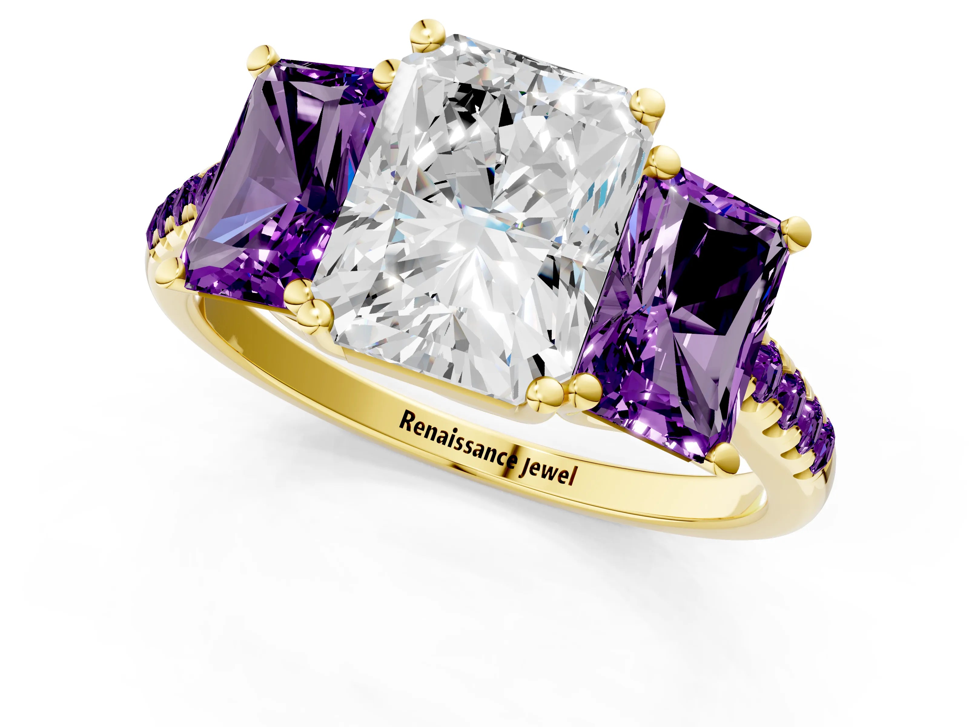 Yellow gold Three-Stone Radiant Cut Diamond Ring with Round with Amethyst side stone Pavé Band and Prong Setting_1