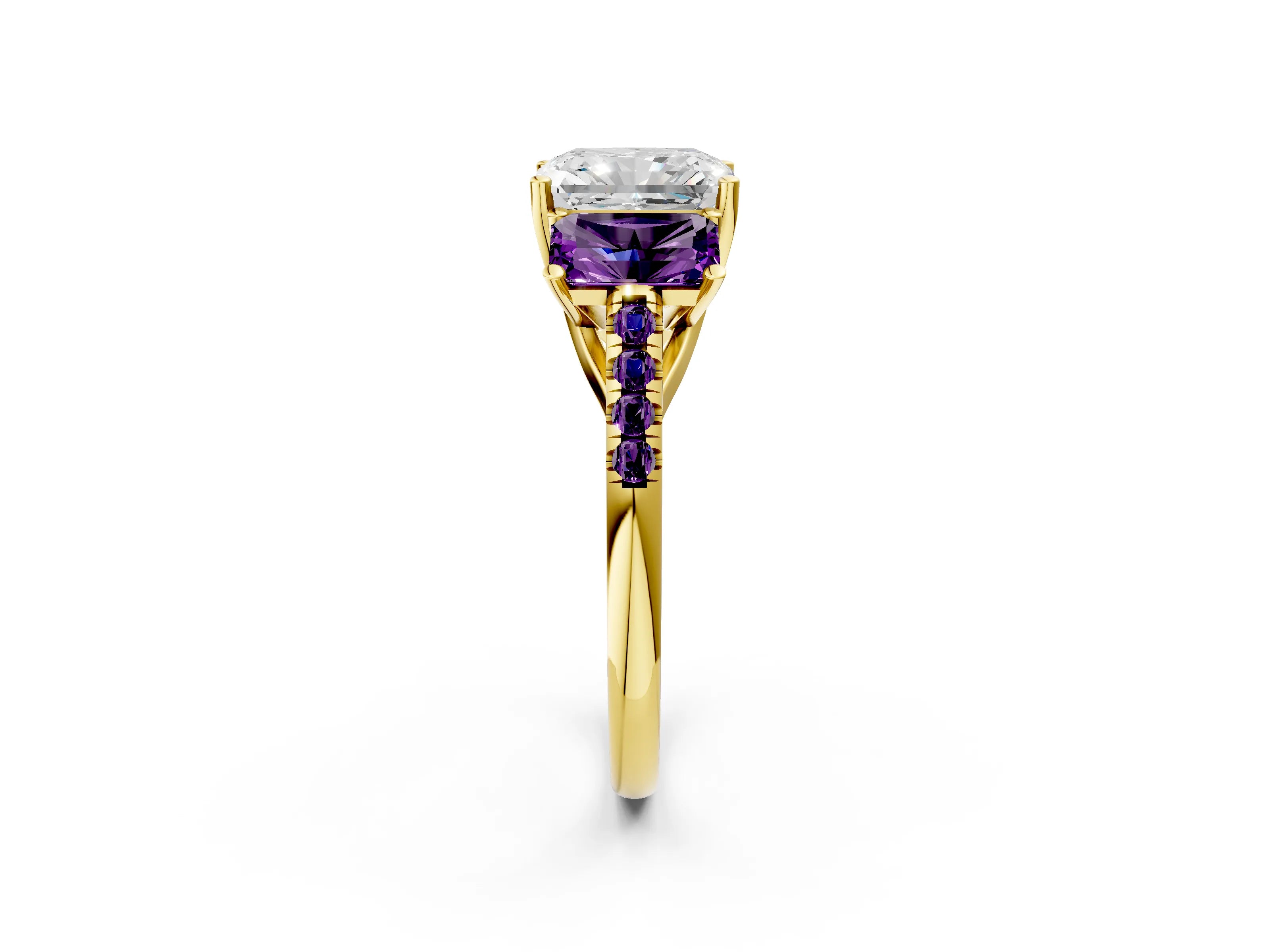 Yellow gold Three-Stone Radiant Cut Diamond Ring with Round with Amethyst side stone Pavé Band and Prong Setting_2