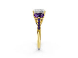 Yellow gold Three-Stone Radiant Cut Diamond Ring with Round with Amethyst side stone Pavé Band and Prong Setting_2
