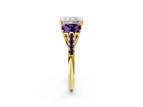 Yellow gold Three-Stone Radiant Cut Diamond Ring with Round with Amethyst side stone Pavé Band and Prong Setting_2