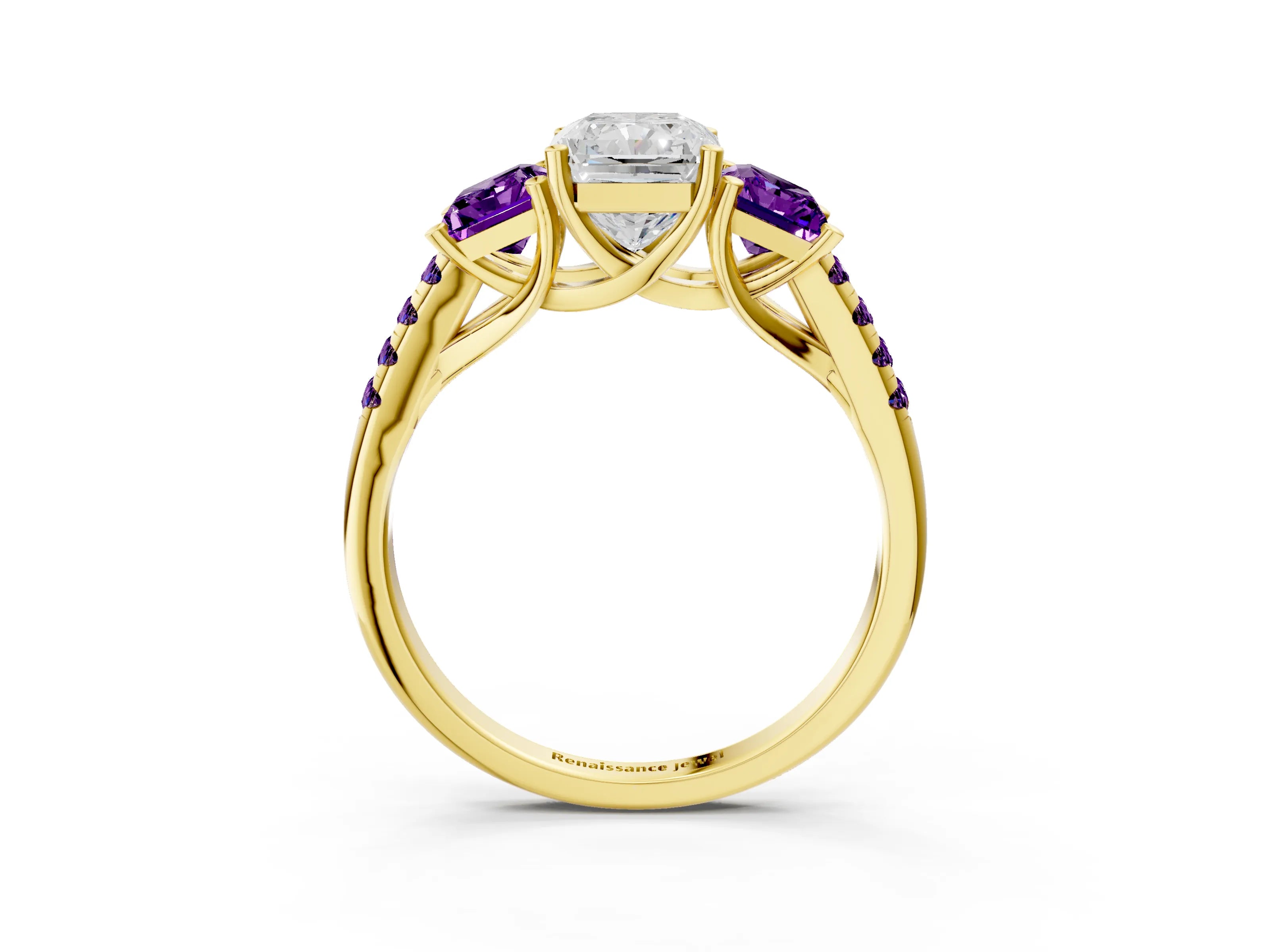 Yellow gold Three-Stone Radiant Cut Diamond Ring with Round with Amethyst side stone Pavé Band and Prong Setting_3