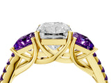 Yellow gold Three-Stone Radiant Cut Diamond Ring with Round with Amethyst side stone Pavé Band and Prong Setting_4