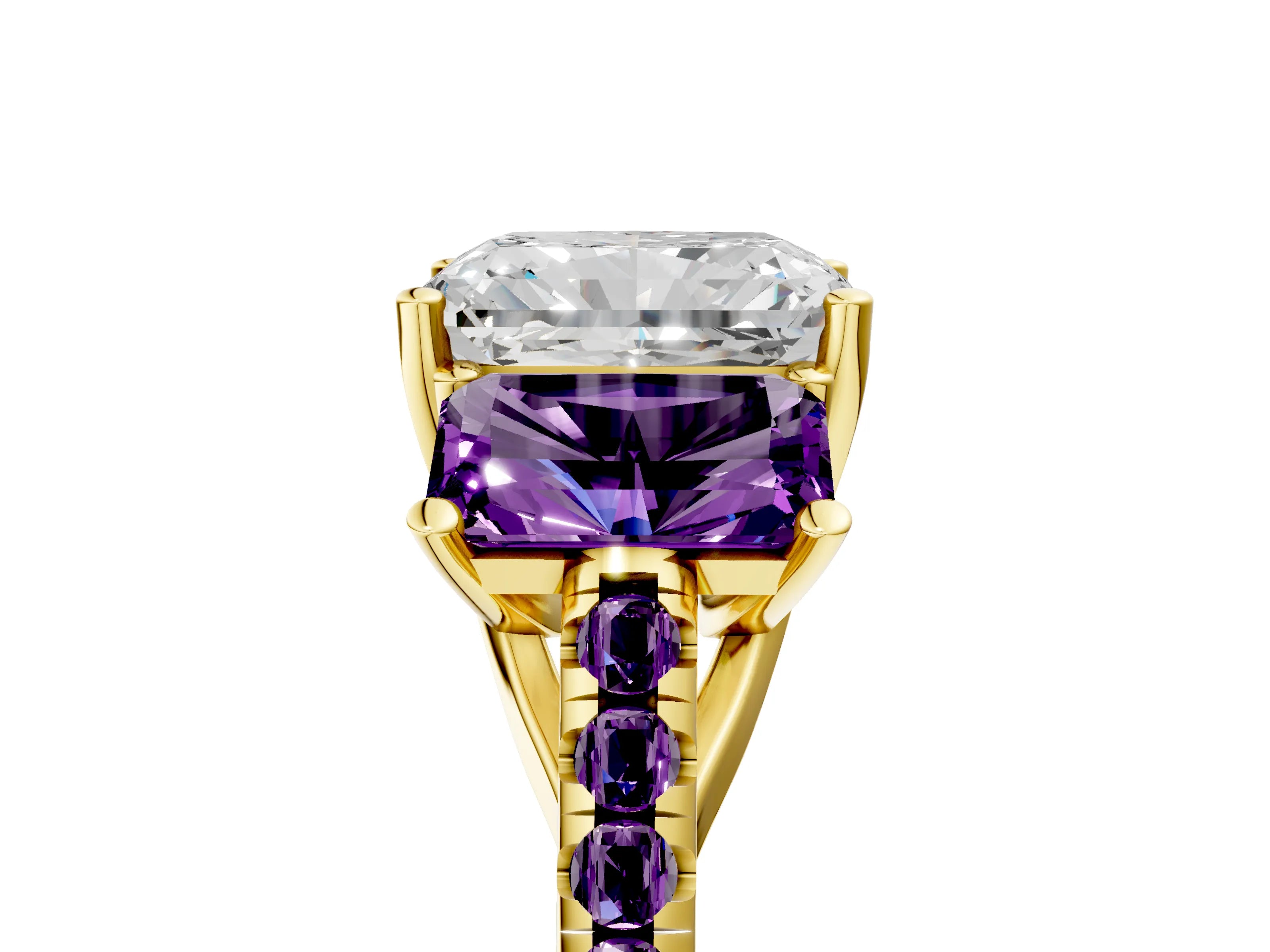 Yellow gold Three-Stone Radiant Cut Diamond Ring with Round with Amethyst side stone Pavé Band and Prong Setting_5