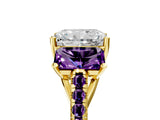 Yellow gold Three-Stone Radiant Cut Diamond Ring with Round with Amethyst side stone Pavé Band and Prong Setting_5