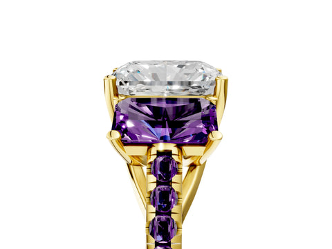 Yellow gold Three-Stone Radiant Cut Diamond Ring with Round with Amethyst side stone Pavé Band and Prong Setting_5