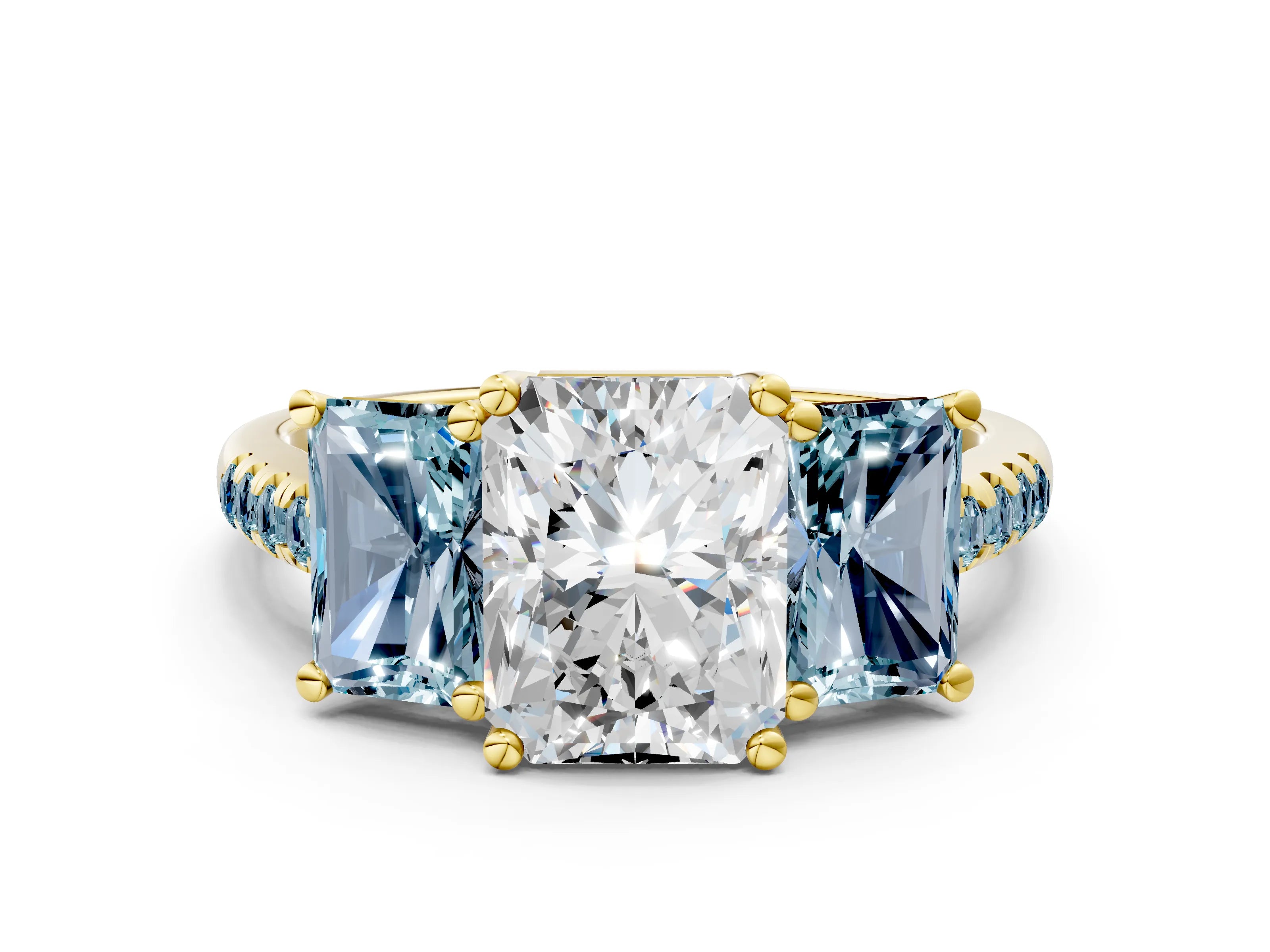 Yellow gold Three-Stone Radiant Cut Diamond Ring with Round with Aquamarine side stone Pavé Band and Prong Setting