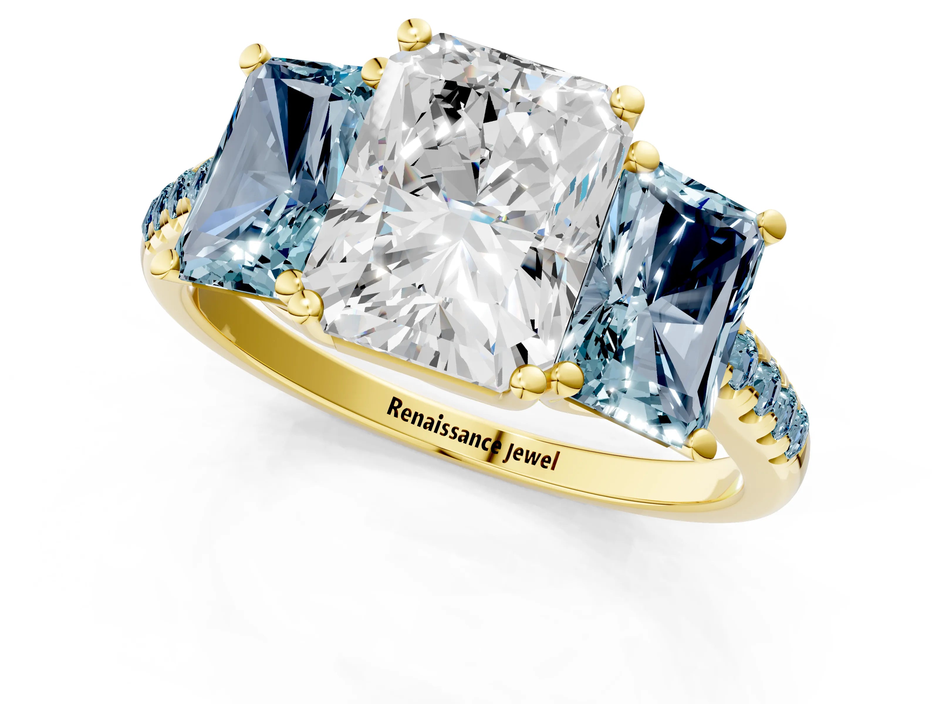 Yellow gold Three-Stone Radiant Cut Diamond Ring with Round with Aquamarine side stone Pavé Band and Prong Setting_1
