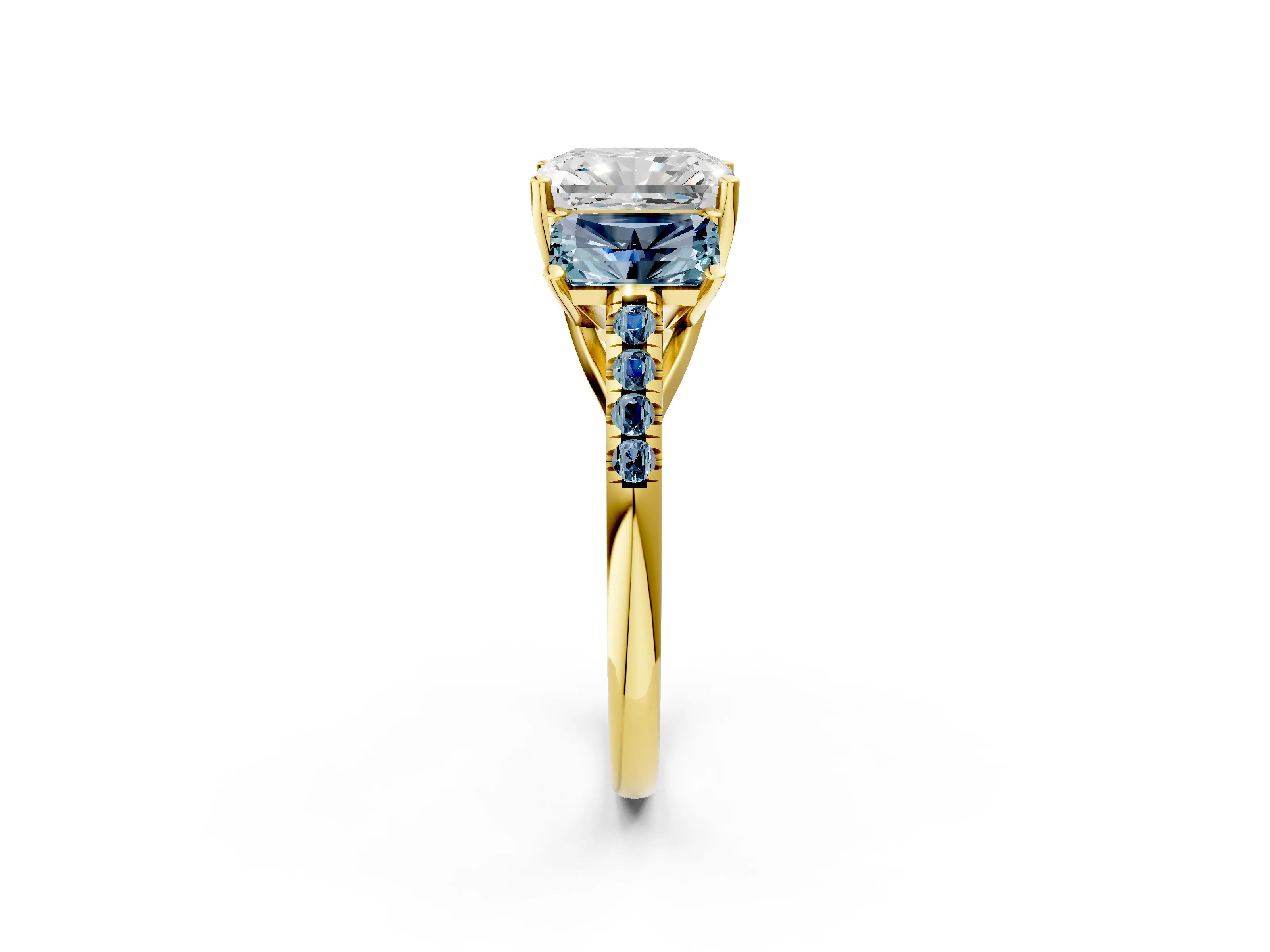 Yellow gold Three-Stone Radiant Cut Diamond Ring with Round with Aquamarine side stone Pavé Band and Prong Setting_2