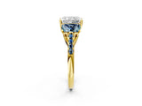 Yellow gold Three-Stone Radiant Cut Diamond Ring with Round with Aquamarine side stone Pavé Band and Prong Setting_2