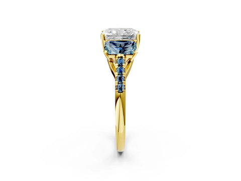 Yellow gold Three-Stone Radiant Cut Diamond Ring with Round with Aquamarine side stone Pavé Band and Prong Setting_2