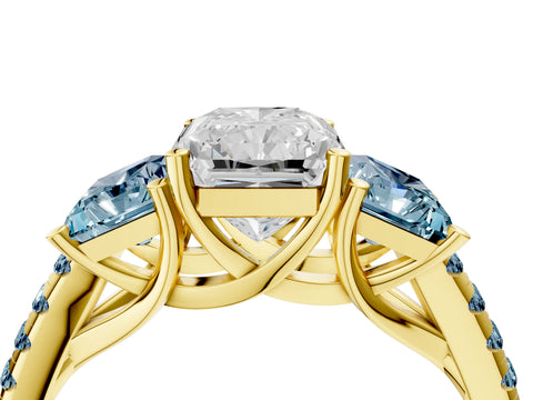 Yellow gold Three-Stone Radiant Cut Diamond Ring with Round with Aquamarine side stone Pavé Band and Prong Setting_4