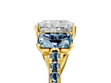 Yellow gold Three-Stone Radiant Cut Diamond Ring with Round with Aquamarine side stone Pavé Band and Prong Setting_5