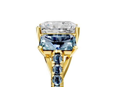Yellow gold Three-Stone Radiant Cut Diamond Ring with Round with Aquamarine side stone Pavé Band and Prong Setting_5