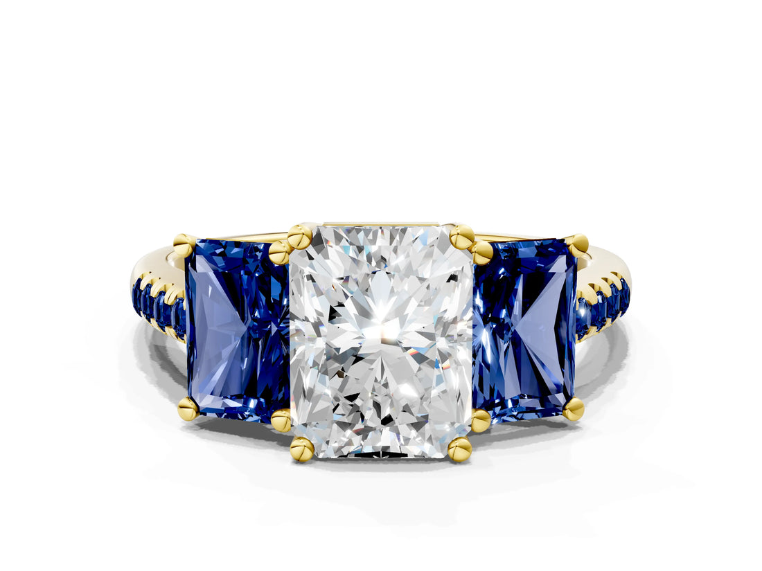 Yellow gold Three-Stone Radiant Cut Diamond Ring with Round with Blue Sapphire side stone Pavé Band and Prong Setting