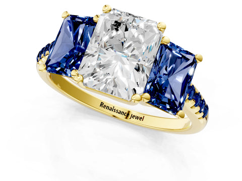 Yellow gold Three-Stone Radiant Cut Diamond Ring with Round with Blue Sapphire side stone Pavé Band and Prong Setting_1