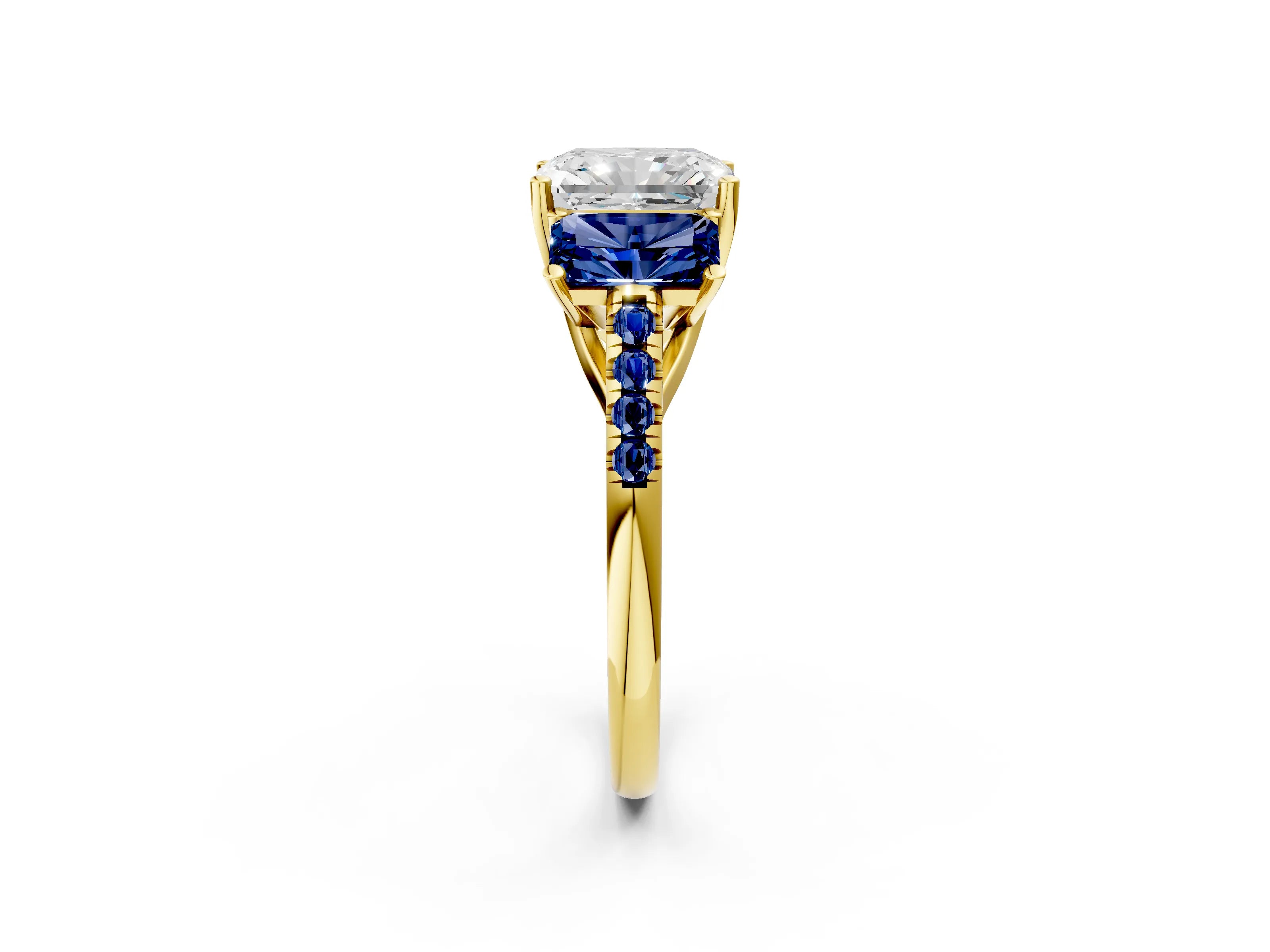 Yellow gold Three-Stone Radiant Cut Diamond Ring with Round with Blue Sapphire side stone Pavé Band and Prong Setting_2