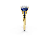Yellow gold Three-Stone Radiant Cut Diamond Ring with Round with Blue Sapphire side stone Pavé Band and Prong Setting_2