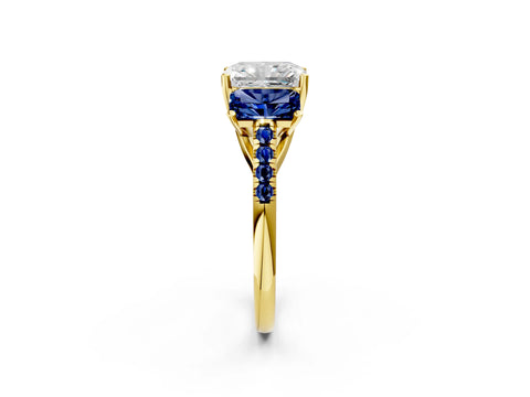 Yellow gold Three-Stone Radiant Cut Diamond Ring with Round with Blue Sapphire side stone Pavé Band and Prong Setting_2