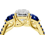 Yellow gold Three-Stone Radiant Cut Diamond Ring with Round with Blue Sapphire side stone Pavé Band and Prong Setting_4