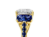 Yellow gold Three-Stone Radiant Cut Diamond Ring with Round with Blue Sapphire side stone Pavé Band and Prong Setting_5