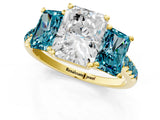Yellow gold Three-Stone Radiant Cut Diamond Ring with Round with Blue Topaz side stone Pavé Band and Prong Setting_1