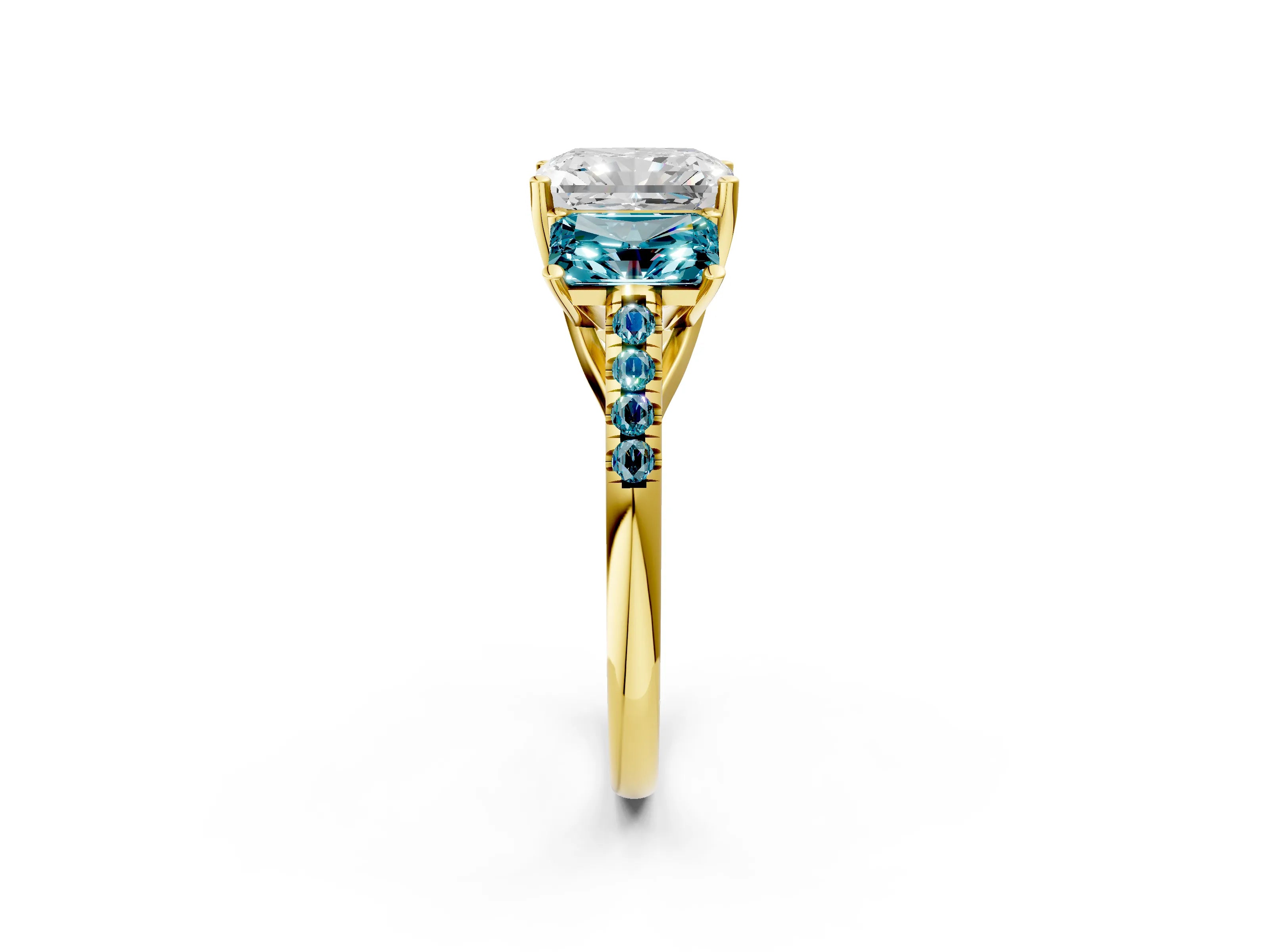 Yellow gold Three-Stone Radiant Cut Diamond Ring with Round with Blue Topaz side stone Pavé Band and Prong Setting_2
